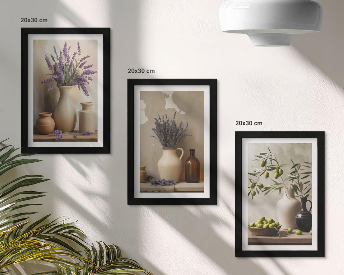 WANDBILDER 3er-Set - 20x30 cm Schwarzer Rahmen - Blumen in Vasen, Oliven, Dekorationen - Schwarz, Kunststoff (20/30cm) - ArtPrintCave