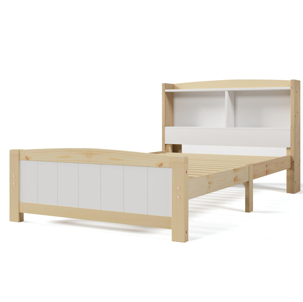 JEDNOLŮŽKO 90/200 cm bílé a přírodní z masivního dřeva s úložným čelem a matrací - přírodní, dřevo (90/200cm) - OKWISH
