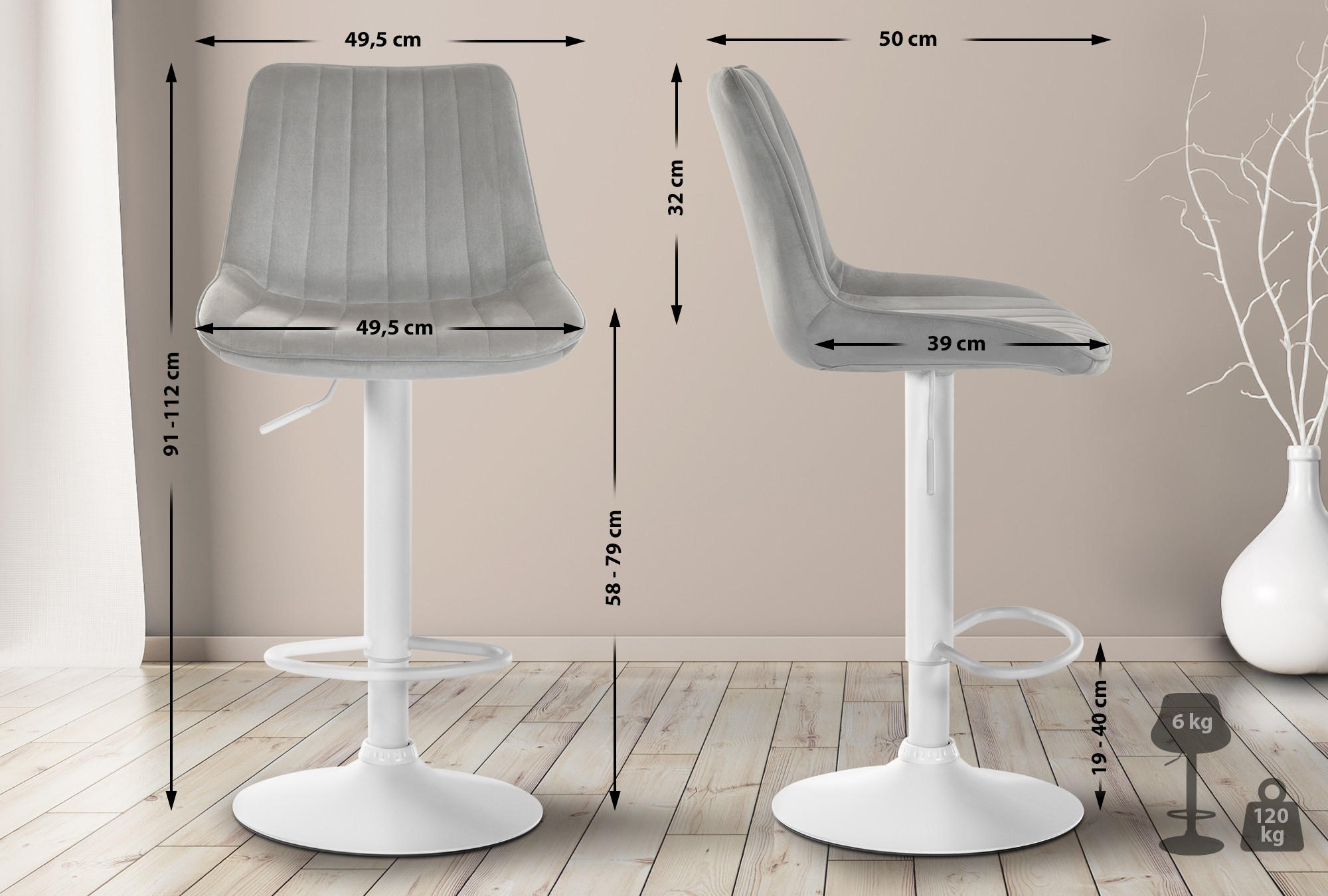 BARHOCKER RIO Grau Samt Weiß - Grau, Textil/Metall (49.5/91/50cm) - DELUKE