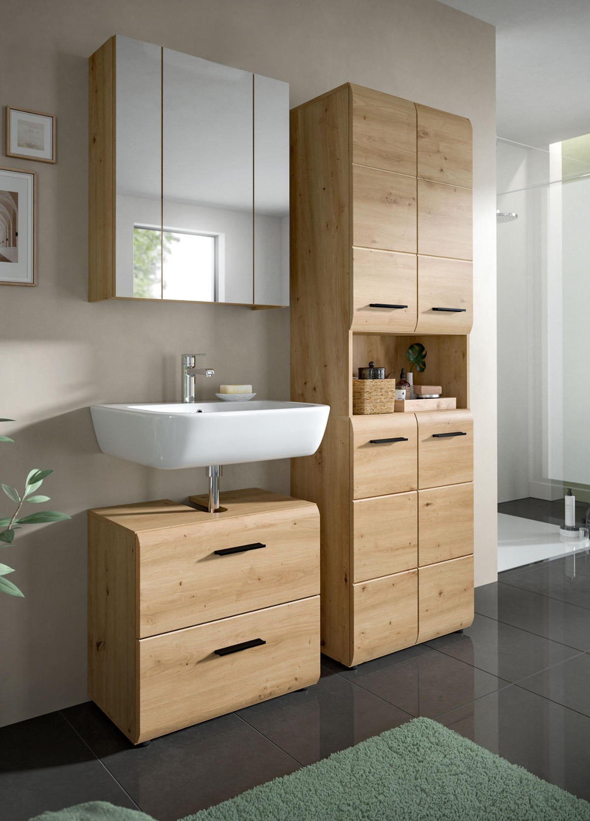 BADMÖBEL SET 3-teilig in Artisan Eiche, Badkombination 135 x 185 cm, Cover - Schwarz/Eiche Artisan, Glas/Holzwerkstoff (135/185/30cm) - Inn.Furn