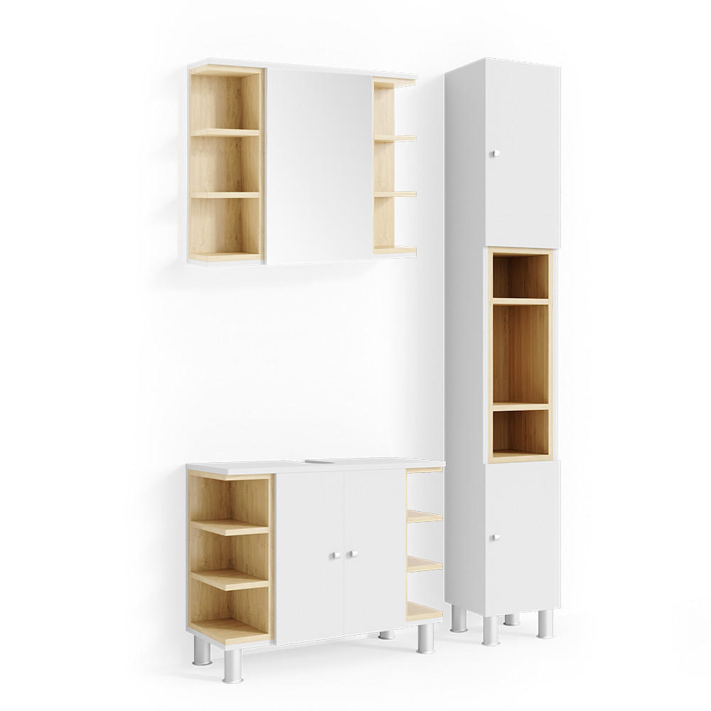 BADMÖBEL-SET Aquis Weiß 3 Teile, mit Hochschrank - Weiß/Sonoma Eiche, Holzwerkstoff (79.6/64/32cm) - Vicco