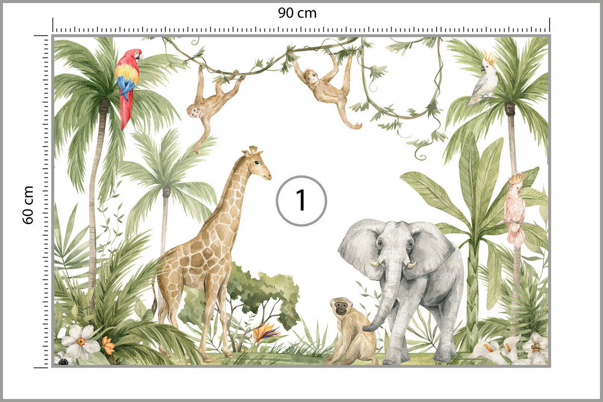 FOTOTAPETE für Kinderzimmer TIERE tropische Pflanzen Natur 90x60cm - Rot/Weiß, Papier (90/60cm) - Muralo