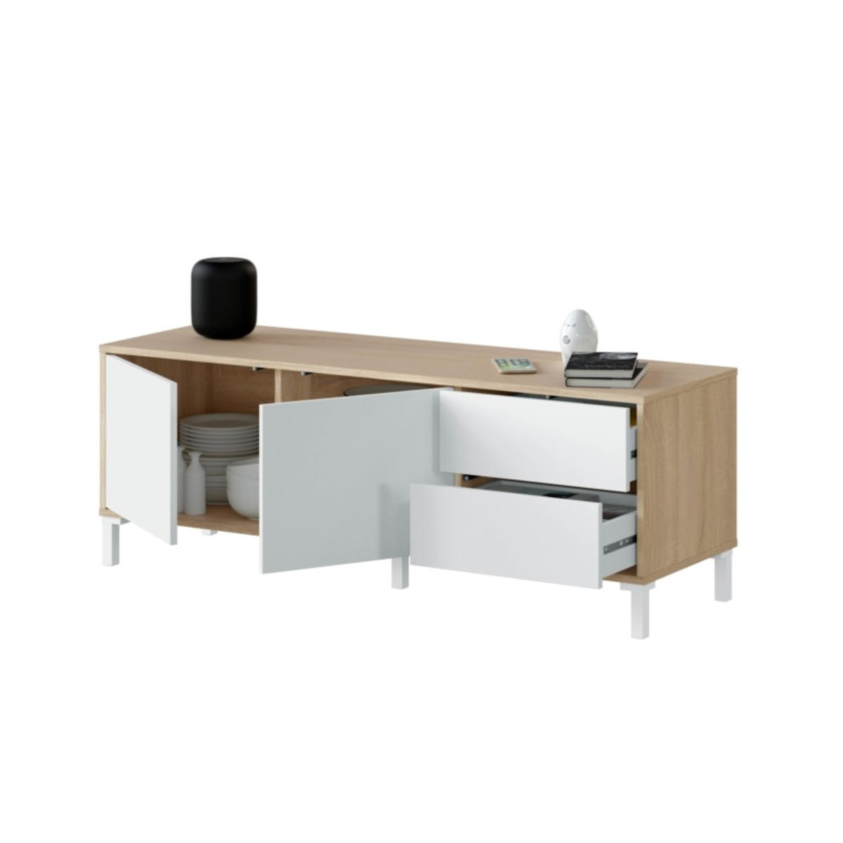 TV-MÖBEL mit 2 Türen und 2 Schubladen Brooklyn - L130 cm - Weiß, Holzwerkstoff (41/47/130cm) - Calicosy