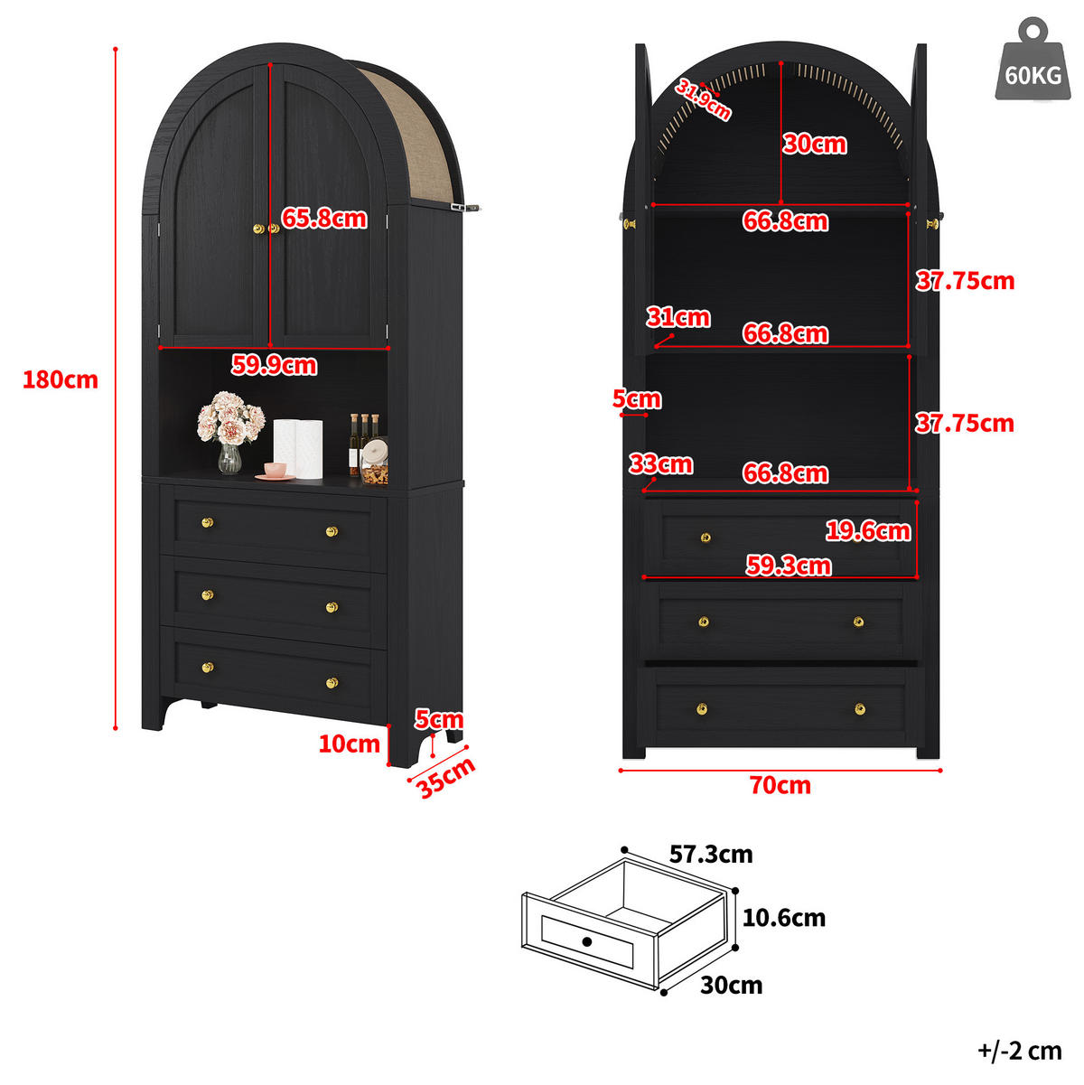 BUFFET 70/35/180 cm schwarz aus MDF mit 3 Schubladen - Schwarz, Holzwerkstoff (70/180/35cm) - OKWISH