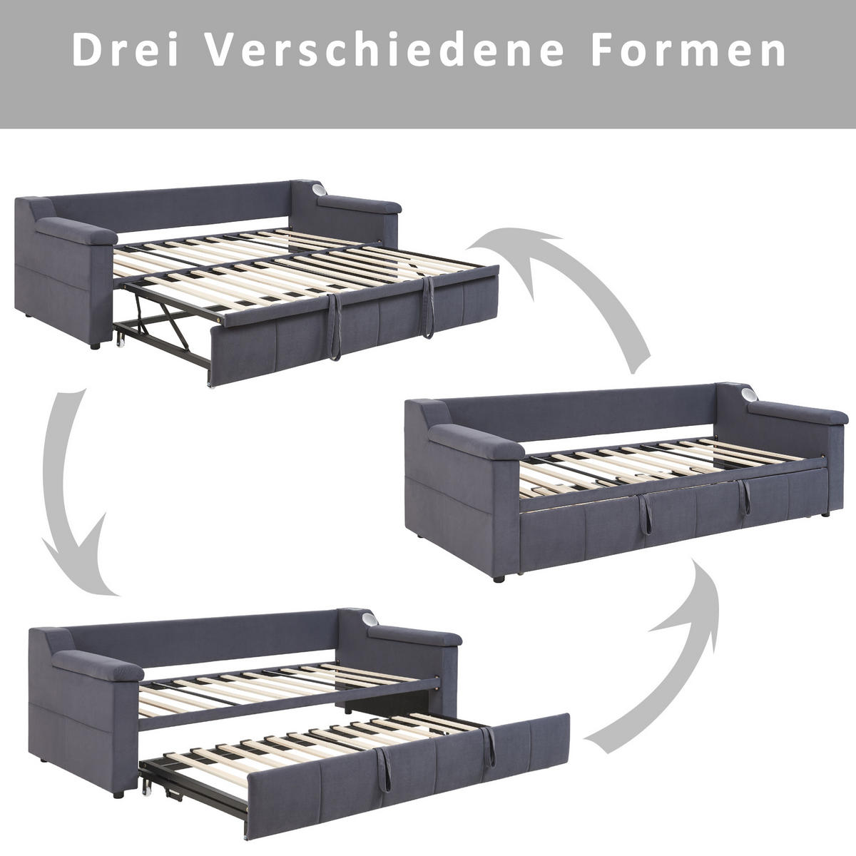 POLSTERBETT 90/180X190 cm Mit USB-Ladeanschluss in Samtstoff，Grau - Grau, Textil (90/190cm) - KOMHTOM