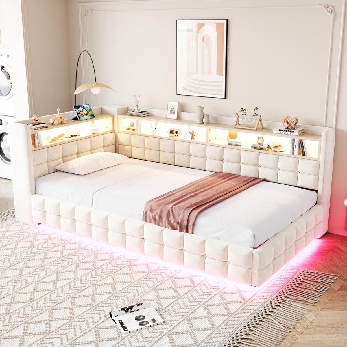 POLSTERBETT aus Samtstoff 90x200 cm Beige mit LED, USB-/Typ-C-Anschluss, Steckdose und hydraulischem Bettkasten - Beige, Textil (90/200cm) - Modfu