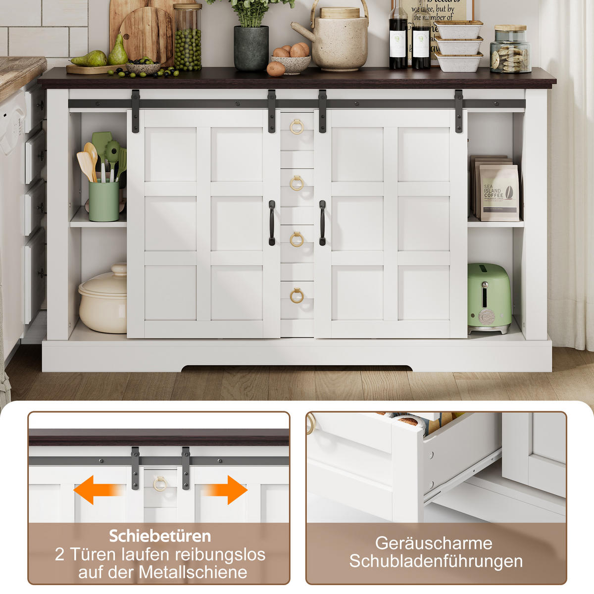 SIDEBOARD 150/40/85 cm Weiß aus MDF mit Schiebetüren - Weiß, Holzwerkstoff (150/85/40cm) - OKWISH