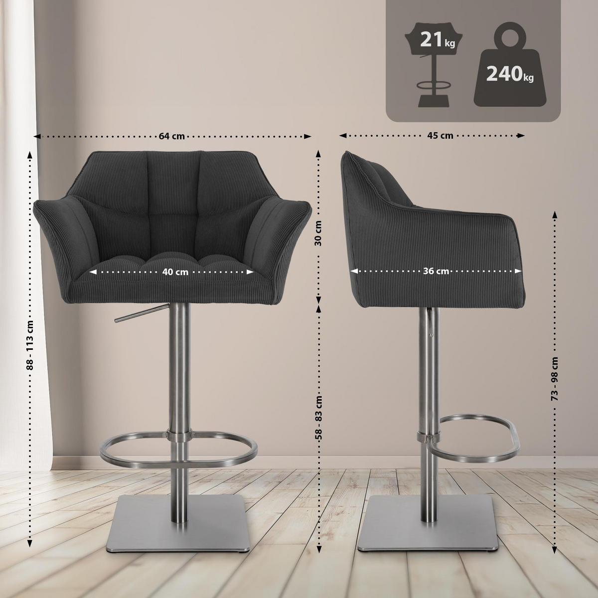 BARHOCKER Cord Dunkelgrau - Edelstahlfarben/Dunkelgrau, Textil/Metall (64/88/45cm) - CLP