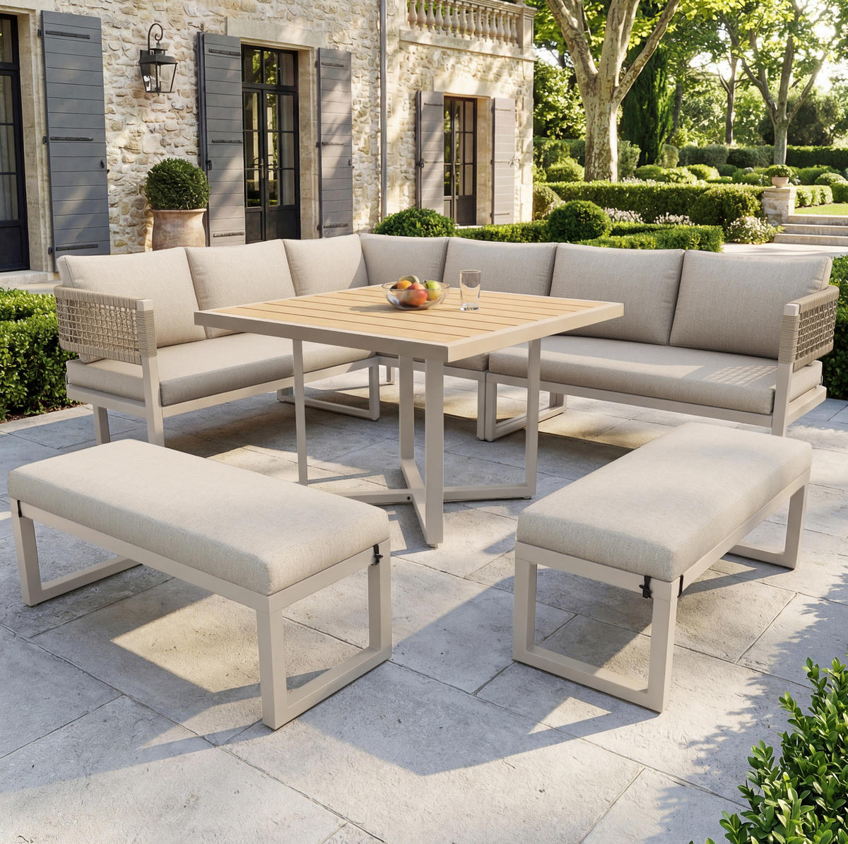 GARTEN-LOUNGE-SET 110/58/78 cm mit Esstisch, verstellbaren Füßen und abnehmbaren Bezügen, Beige - Beige, Metall - Redom