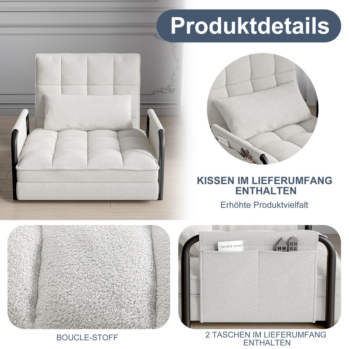 SCHLAFSOFA 5-fach verstellbar, Multifunktional, Beige Bouclé-Stoff - Beige, Holz (78/55/180cm)