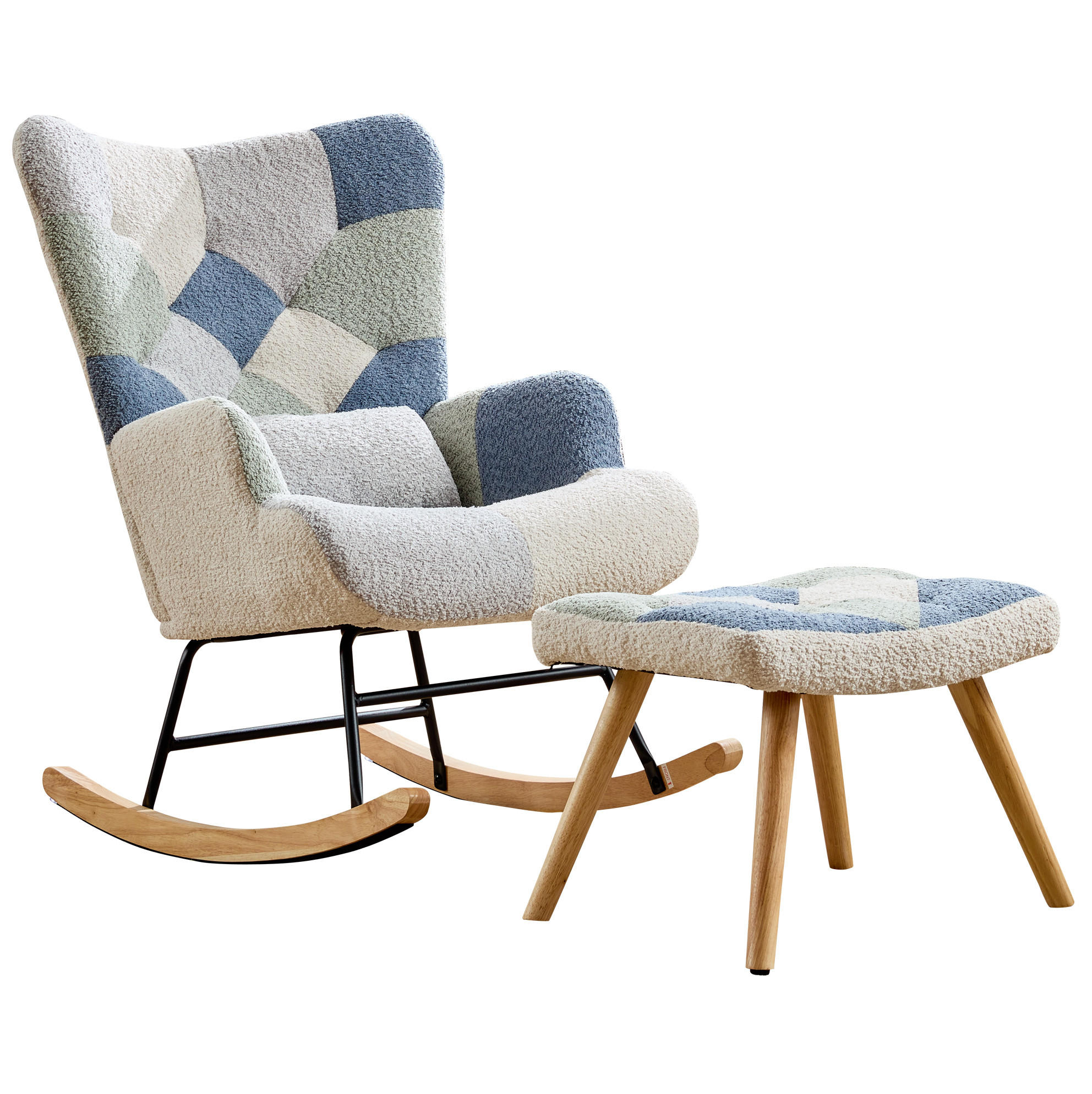 SCHAUKELSTUHL 122/68/91 cm in Beige/Blau mit Fußhocker und Wippfunktion - Multicolor, Textil (68/91/122cm) - Flora Grace