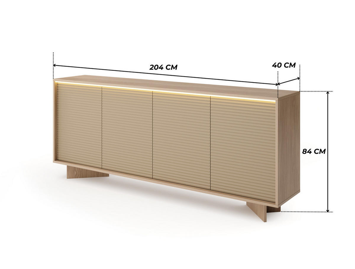 SIDEBOARD TORSANO (Bolivar Natur/Cappuccino, 4 Türen, LED-Beleuchtung, Push-to-Open) - Eichefarben/Beige, Holz/Holzwerkstoff (204/84/40cm) - Ravio
