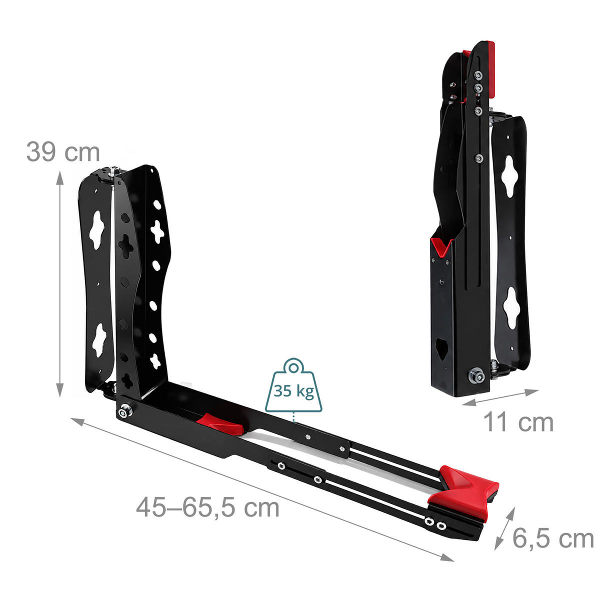 FAHRRAD-WANDHALTERUNG Schwarz Rot 1er-Set schwenkbar klappbar Roll-In-System 35 kg - Schwarz, Metall (6.5/39/65.5cm) - Relaxdays