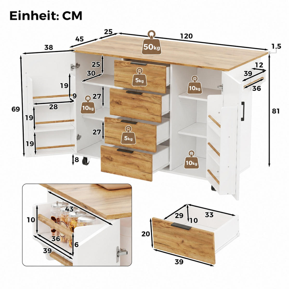 KÜCHENINSEL auf Rollen 120/45/90 cm Weiß mit klappbarer Arbeitsplatte, 4 Schublade und Gewürzregal - Silberfarben/Weiß, Holz/Holzwerkstoff (70/90/120cm) - Oxeza