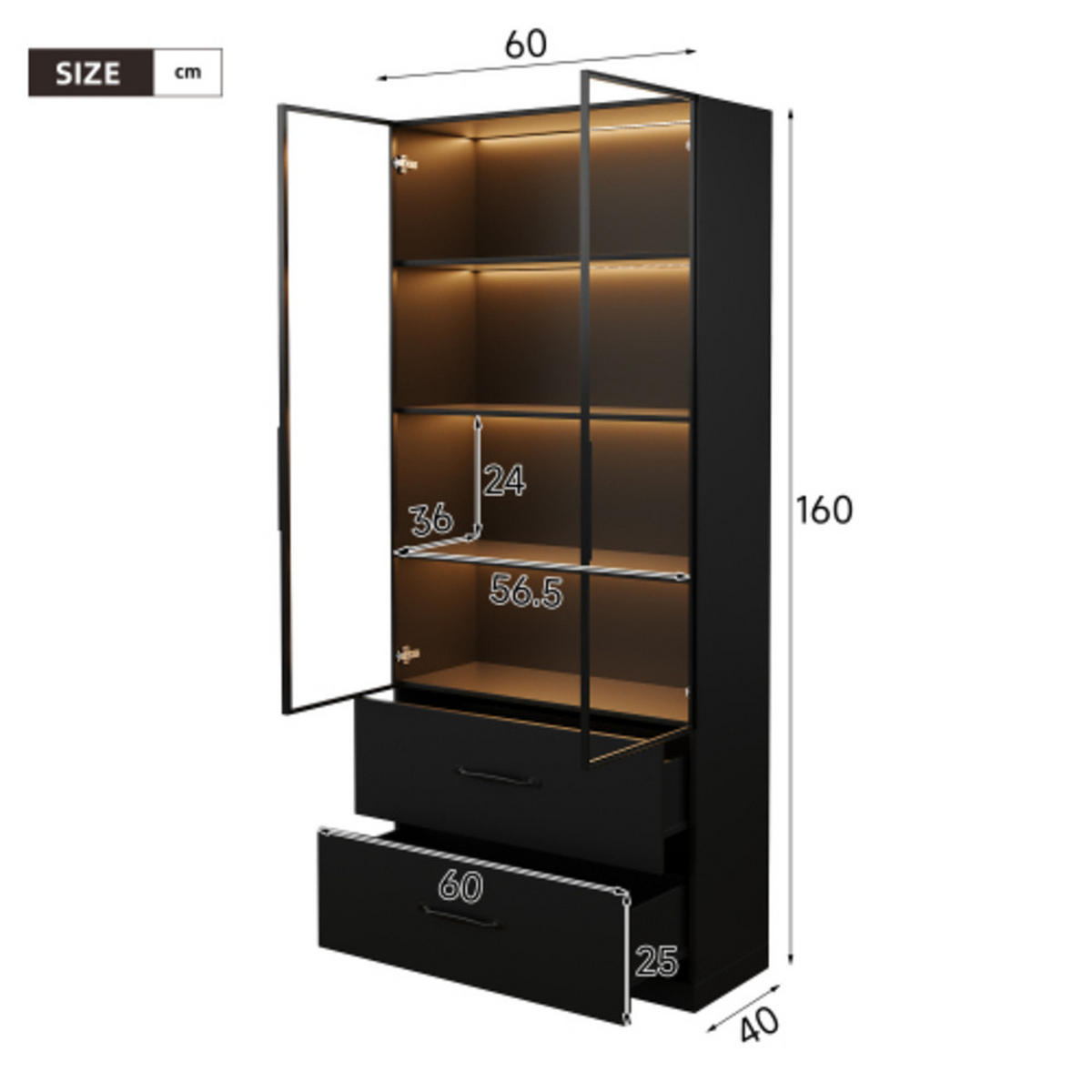 GLASVITRINE Schwarz mit Aluminiumrahmen und zwei Schubladen 60×40×160 cm aus Spanplatte & gehärtetem Glas - Schwarz, Holzwerkstoff (60/160/40cm) - Luhomfu