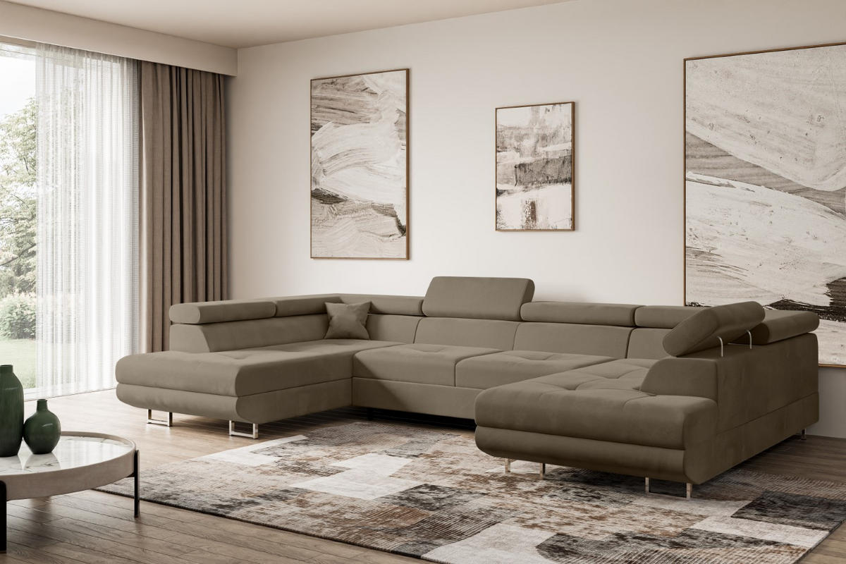 WOHNLANDSCHAFT mit Schlaffunktion und Bettkasten GUSA-U 342x202x107 cm Braun Velours - Silberfarben/Braun, Holzwerkstoff/Textil (342/107/202cm) - ALTDECOR