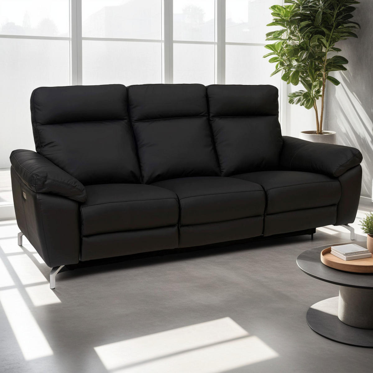 DREISITZER-SOFA Echtleder Schwarz - Schwarz, Leder/Metall (222/101/96cm) - Furnhouse