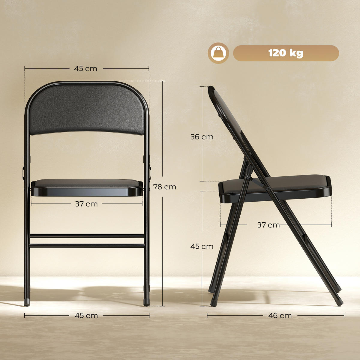 KLAPPSTUHL 6ER-SET aus Kunstleder & Stahl Schwarz - Schwarz, Metall (45/78/46cm) - HOMCOM