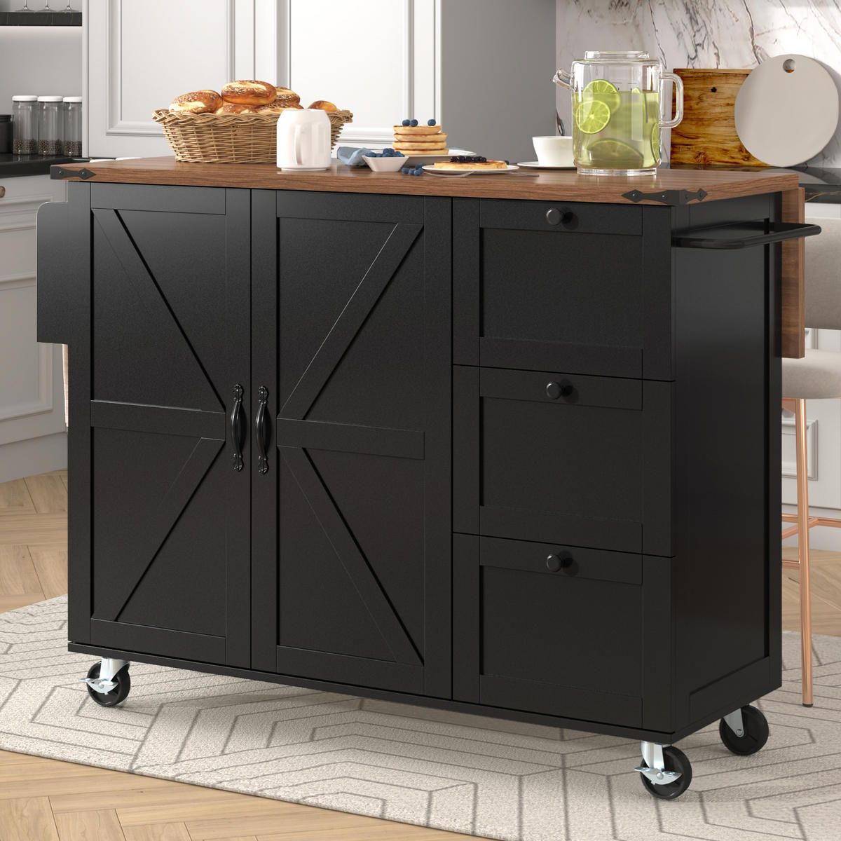 KÜCHENINSEL in Schwarz Servierwagen mit zwei Türen und drei Schubladen für Küche und Esszimmer, B140/T45/H92.5 cm - Schwarz, Holzwerkstoff/Metall (140/92.5/73cm) - STILVORA