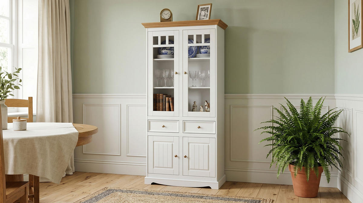 VITRINE Belluno Elegante Kiefer weiß (RAL9010) lackiert / Kiefer gebeizt, Eichefarben 89 / 44 / 190cm - Eichefarben/Weiß, Holz/Holzwerkstoff (89/190/44cm) - Feldmann-Wohnen