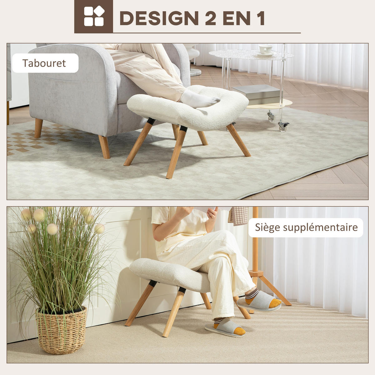 HOCKER DE-16395 mit gebogener Sitzfläche aus Berberfleece Creme - Creme, Holzwerkstoff (45/38/67cm) - ComfortXL