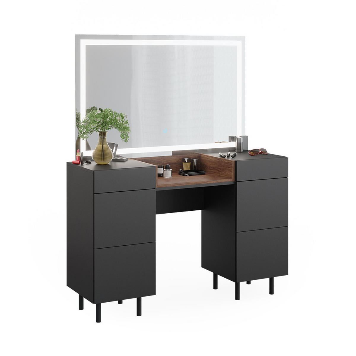 SCHMINKTISCH Anika Anthrazit 120 cm mit LED-Spiegel - Anthrazit/Walnussfarben, Holzwerkstoff (120/80/40cm) - Vicco