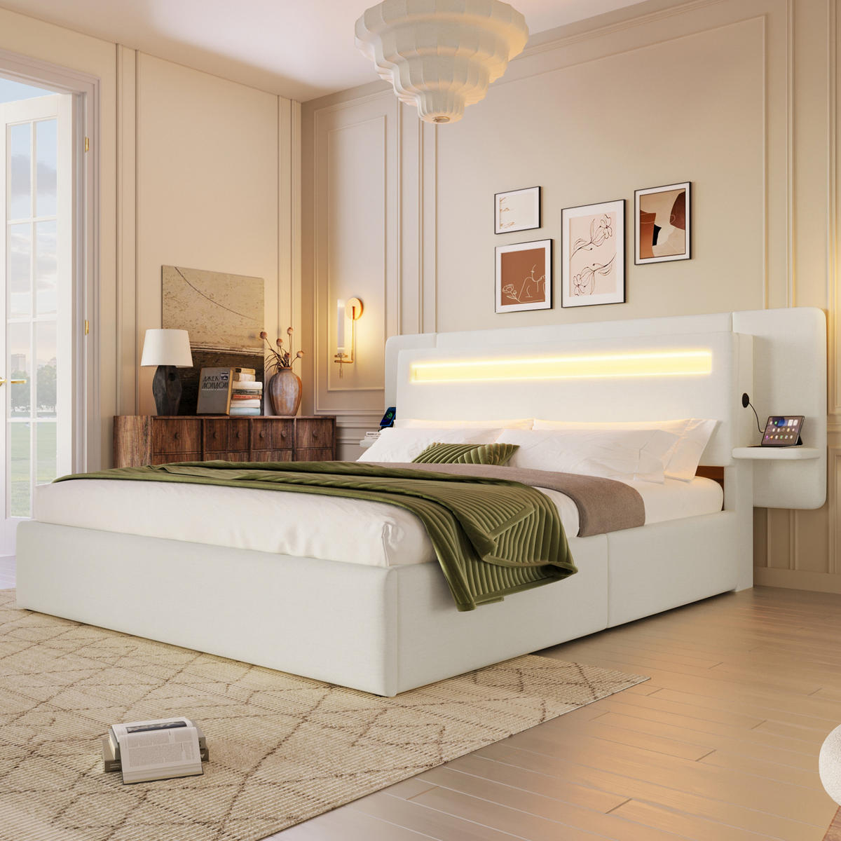 POLSTERBETT aus MDF und Leinen 140x200 cm Beige mit Bettkasten, LED-Beleuchtung, Nachttisch und USB-Anschluss - Beige, Textil (140/200cm) - Modfu