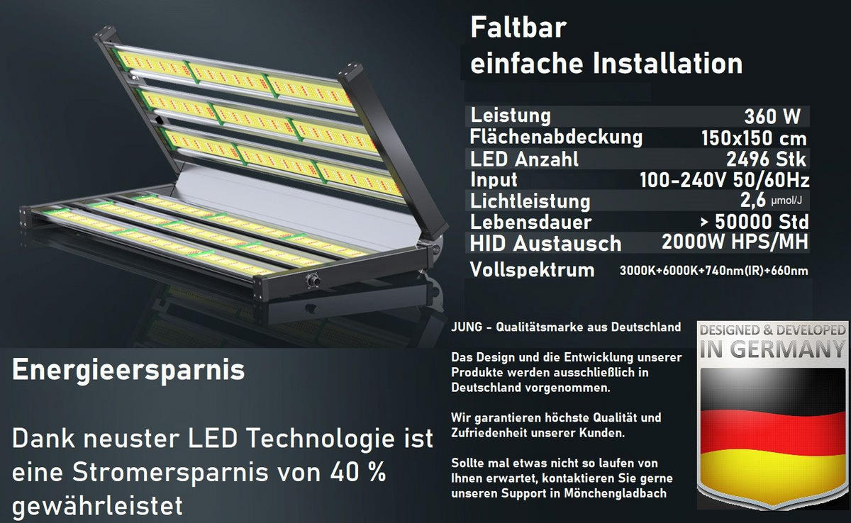 GROWLAMPE PB360 LED Vollspektrum 360W Dimmbar Indoor Pflanzenlampe Growbox Pflanzenlicht Energieeffizient Samsung LEDs Plug And Play - Goldfarben, Keramik/Kunststoff (55/7.87/60.5cm) - JUNG