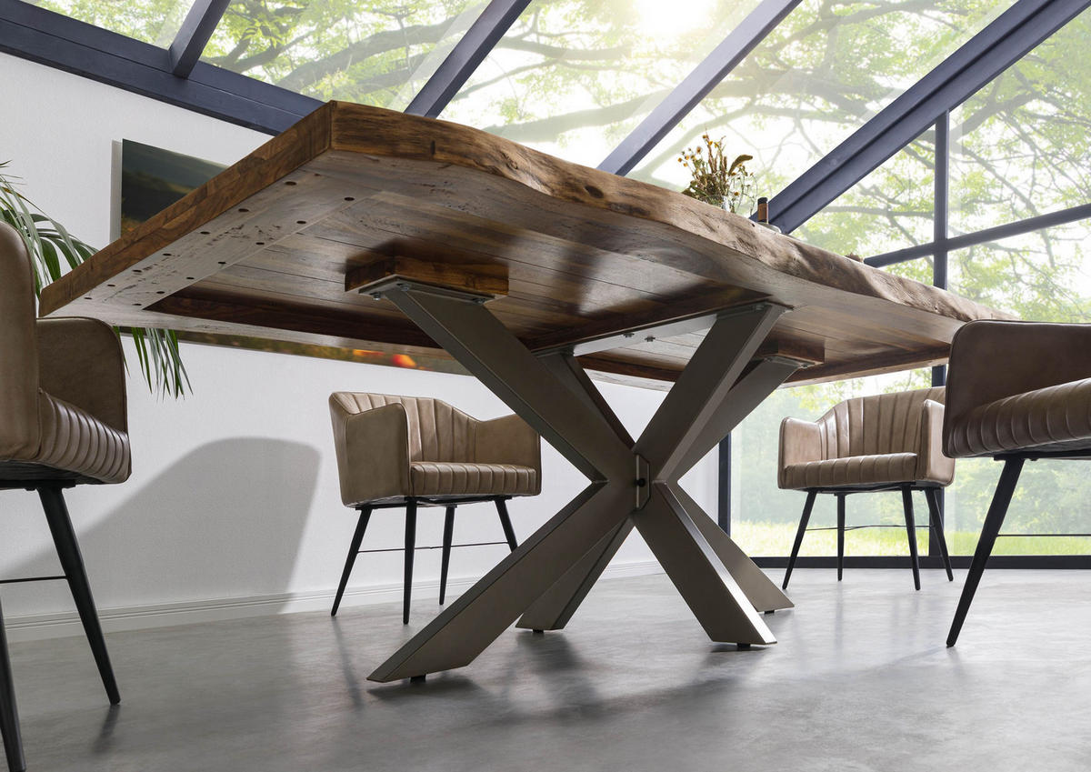 BAUMTISCH Sheesham 240x100x77 natur gebeizt / Kreuzgestell silber matt FREEFORM 5 - Silberfarben/Naturfarben, Holz (240/100/77cm) - Massivmoebel24