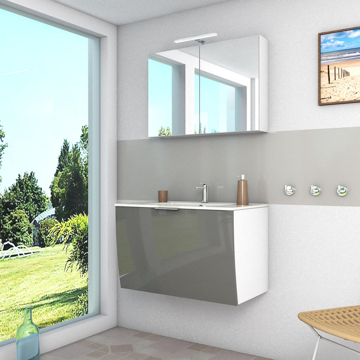 BADMÖBEL Set Gently 1 V1 Weiß/Grau MDF Waschtisch 80cm ohne LED Beleuchtung - Weiß/Grau, Glas/Kunststoff (46/52/80cm) - AcquaVapore by Sandra Jentho