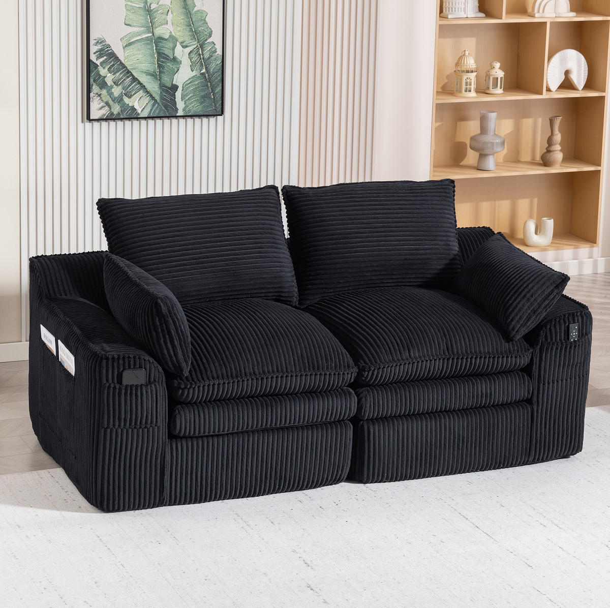 SOFA 2-Sitzer mit Seitentaschen 191 x 94 x 85 cm Cord Schwarz - Schwarz, Kunststoff (94/85/191cm) - Meubliv