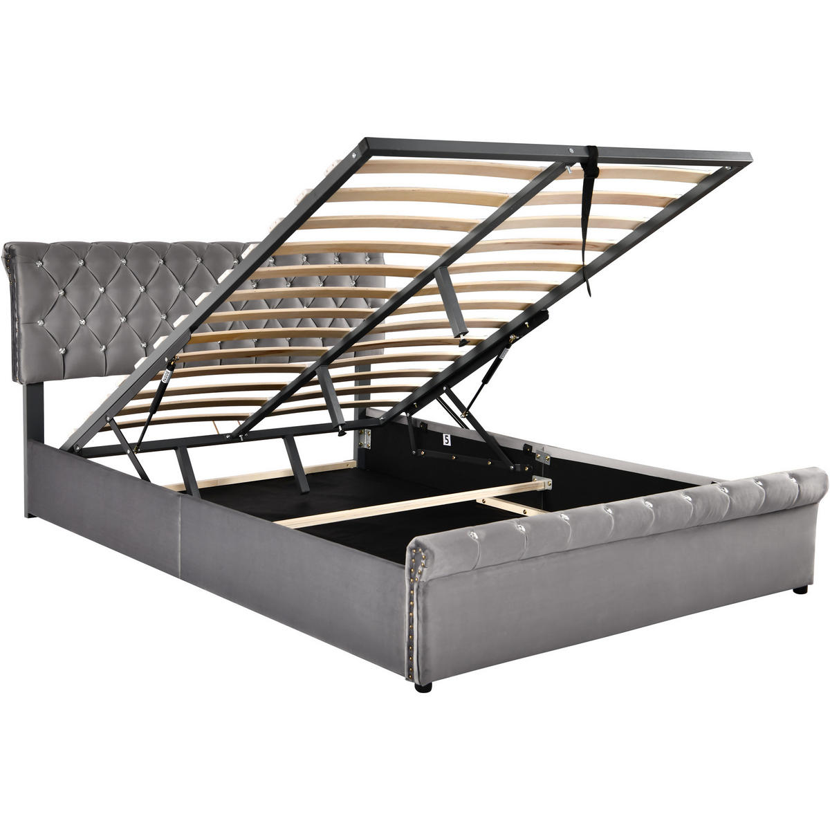 POLSTERBETT 140x200 Samt Hydraulisch Grau Kopfteil - Grau, Holz - FLIEKS