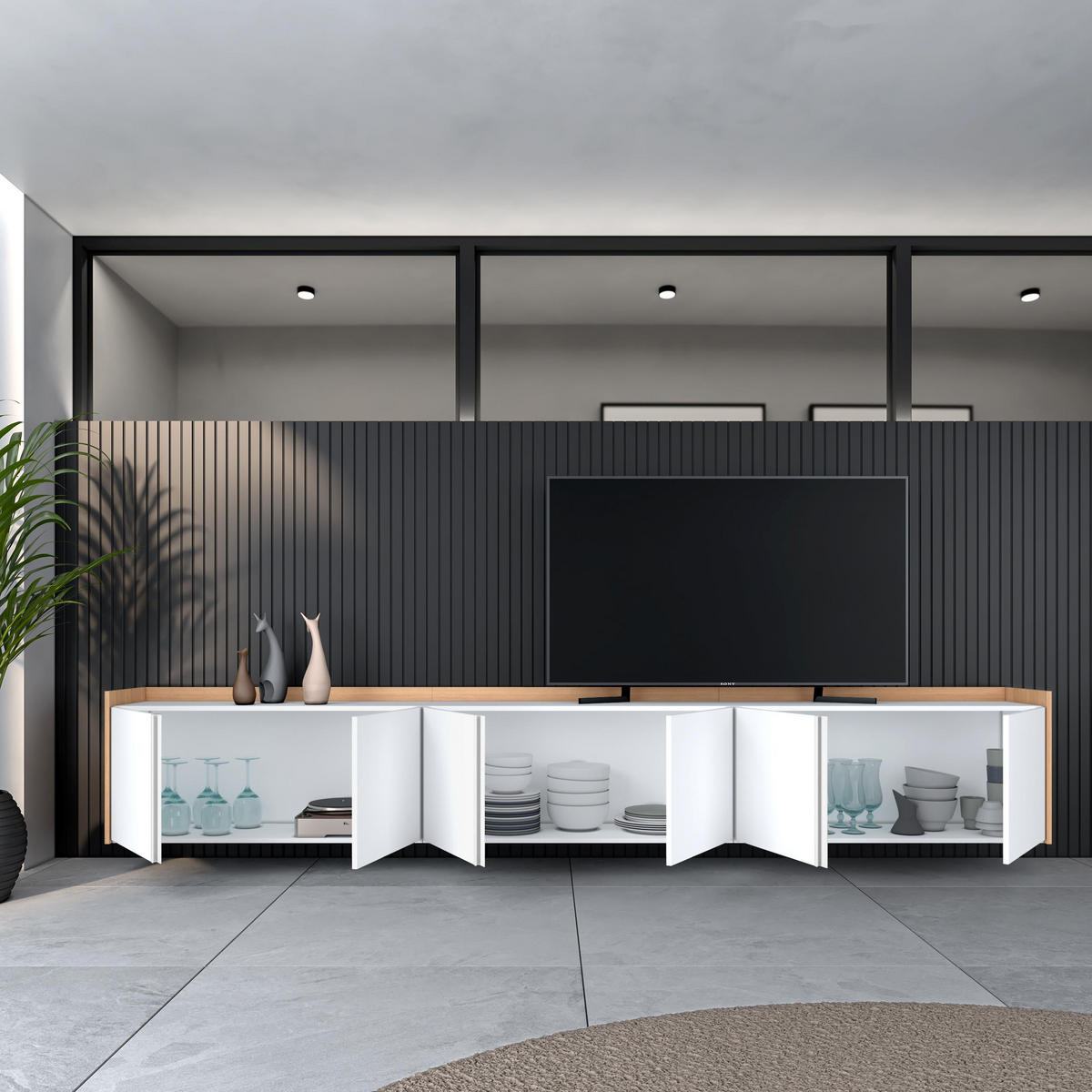 LOWBOARD, Weiß und Eiche, 309/35/50cm, Hängend - Weiß, Holzwerkstoff (309/50/35cm) - Skraut Home