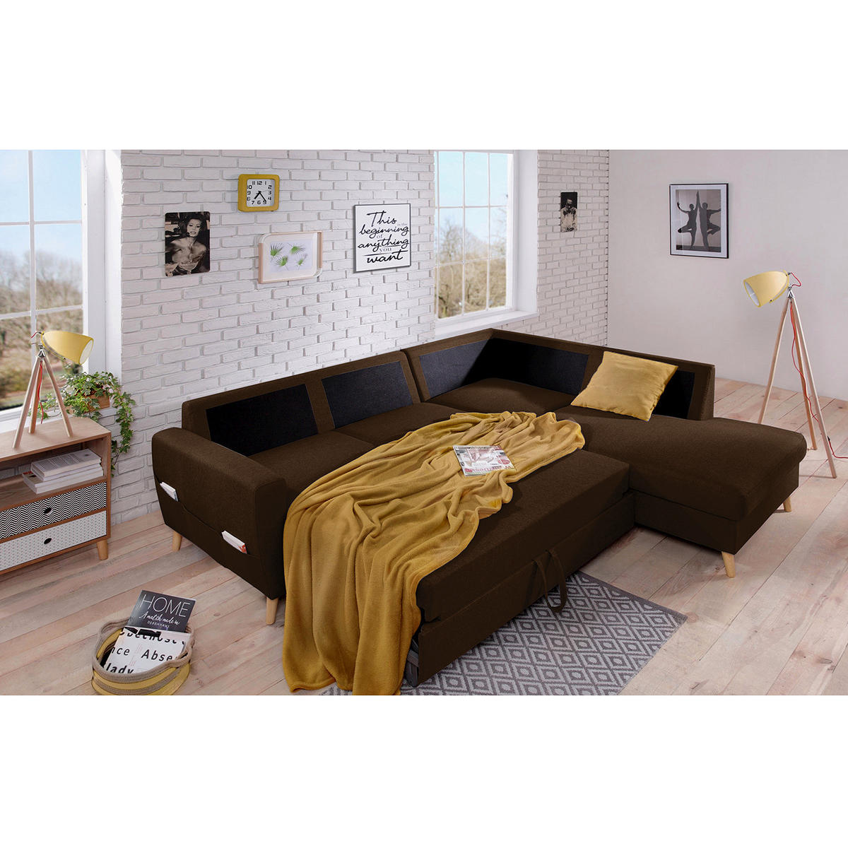 ECKSOFA mit Ottomane - Webstoff - Hellbraun/Dunkelbraun, Holz/Textil (230/200cm) - home24