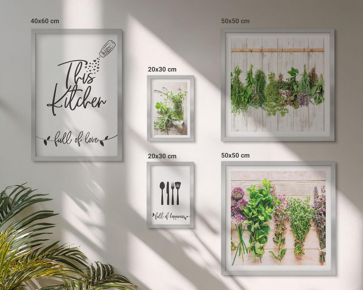WANDBILDER 5er Set - 50x50 cm & 20x30 cm & 40x60 cm Silberner Rahmen - Küchenthema: Getrocknete Kräuter - Silberfarben, Kunststoff (40/60cm) - ArtPrintCave