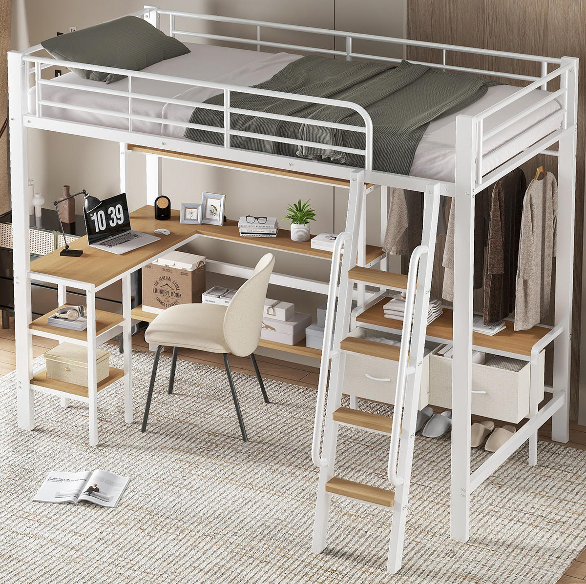HOCHBETT 90/200 cm Weiß/Natur mit Schreibtisch und Stauraum - Weiß, Metall (90/200cm) - MIVRAY