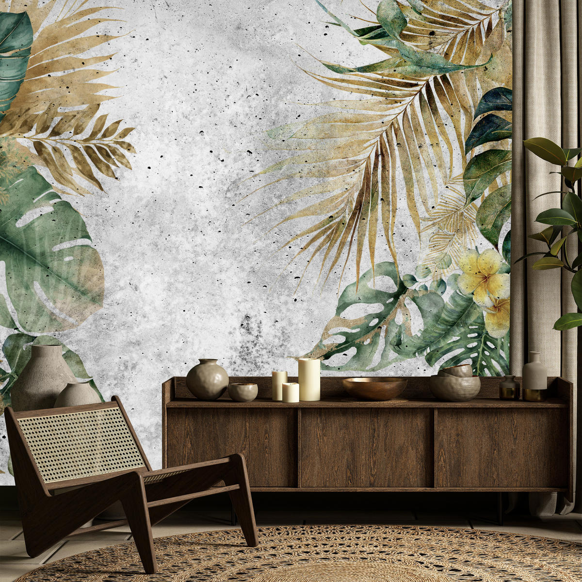 FOTOTAPETE für Wohnzimmer Tropische Blätter Blumen auf Grauer Beton 150x105 - Braun/Grau, Papier (150/105cm) - Muralo