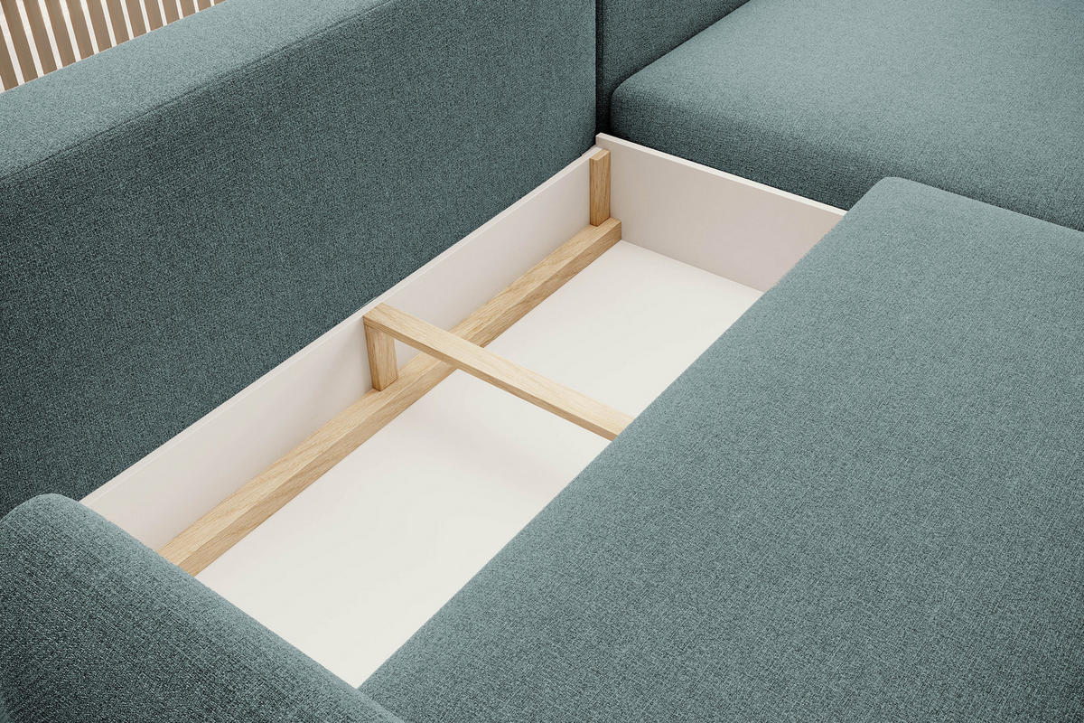 ECKSOFA BONO Stilvolles Sofa mit Schlaffunktion, Robuste Holzfüße, Elegante Armlehnen, Tiefe Sitzfläche 226x164x88cm, Linke, Hellblau - Hellblau, Holz/Textil (164/226cm) - DomoHome