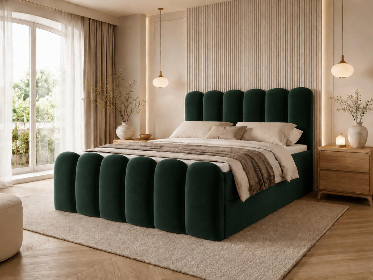 BOXBETT CUDDLE 120x200 cm in Grün, Bettkasten, Topper, Velvet-Stoff - Grün, Holz/Textil (120/200cm) - EMLAR Home