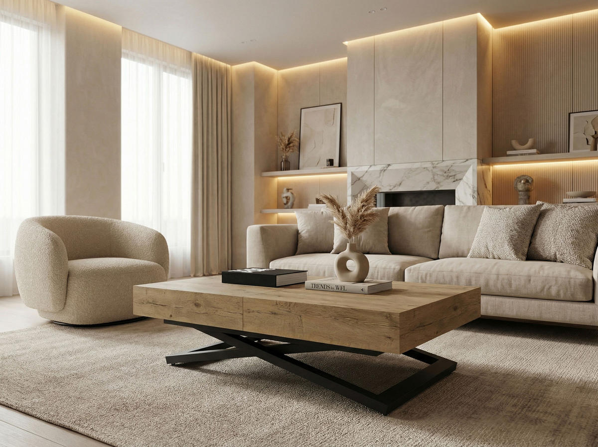 COUCHTISCH Cavetta U höhenverstellbar ausziehbar, Lancelot Eiche 120-200/80/27-76 cm - Eichefarben/Schwarz, Holzwerkstoff/Metall (80/120/76cm) - WFL GROUP