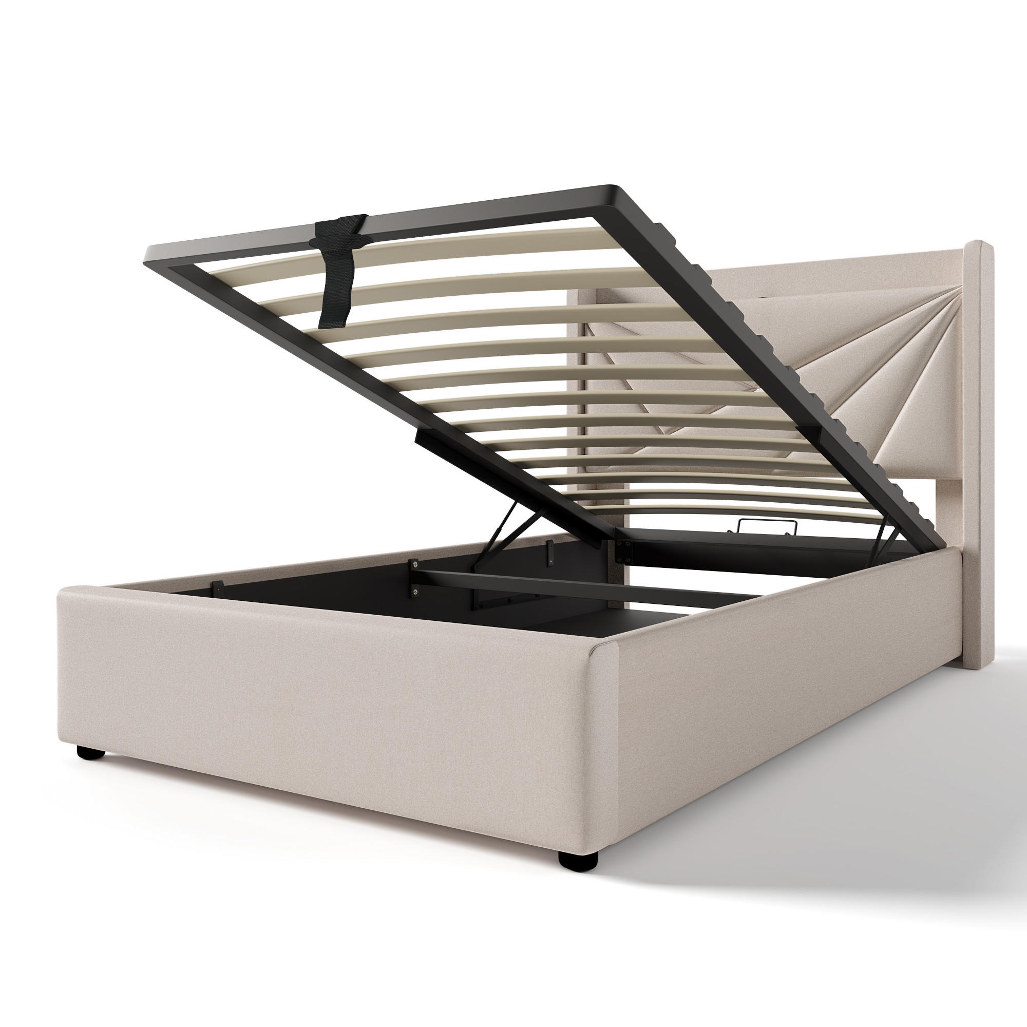 POLSTERBETT 90/200 cm aus Baumwollleinen mit Bettkasten, USB- und Typ-C-Anschluss, geometrischem Kopfteil und Matratze, Beige - Beige, Textil - Redom