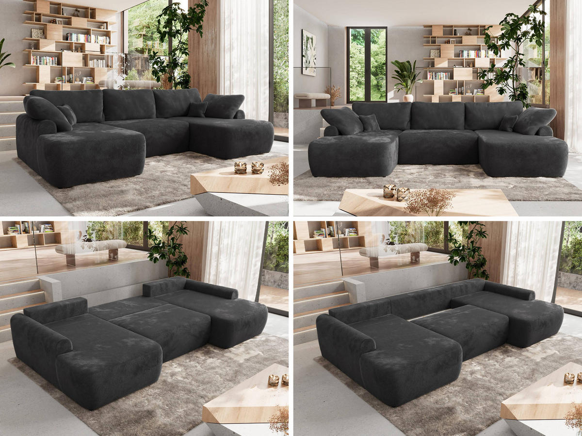 WOHNLANDSCHAFT CUBO U Dunkelgrau Plüsch - Dunkelgrau/Schwarz, Kunststoff/Textil (370/100/187cm) - MKS