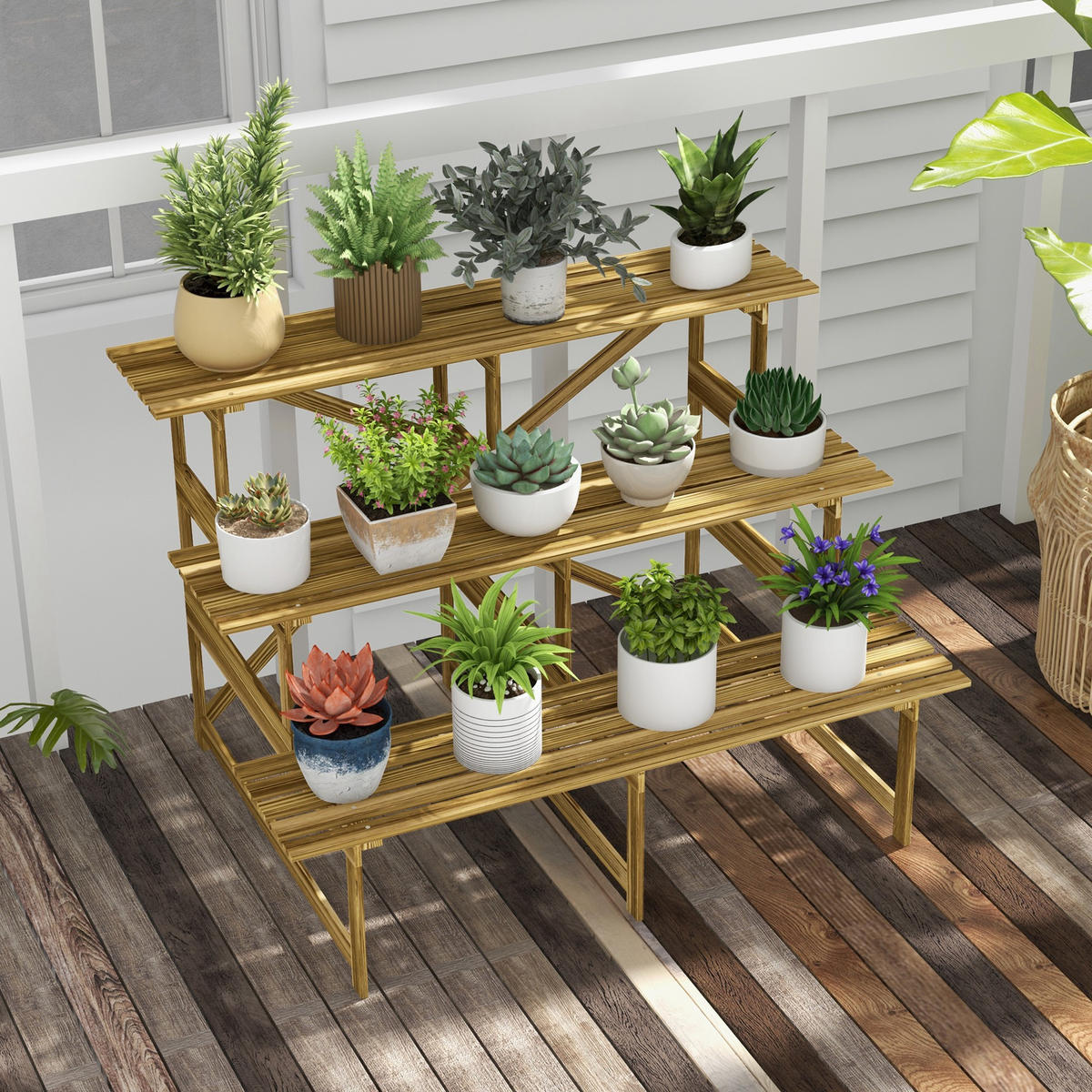 PFLANZENTREPPE, Tannenholz, Verkohlt - Braun, Holz (80/78/120cm) - Outsunny