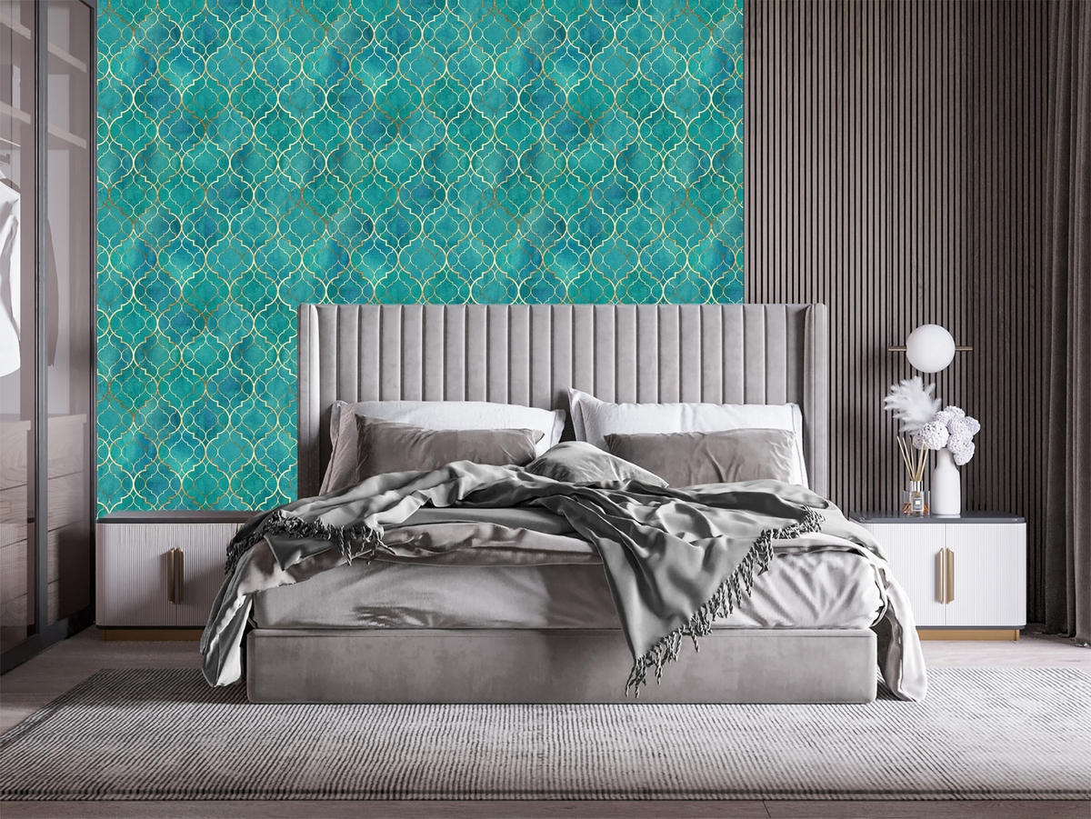 VLIESTAPETE Glamour-Ornamente – Türkis, Goldfarben – 50x1000 cm - Türkis/Goldfarben, Papier (50/1000cm) - Muralo
