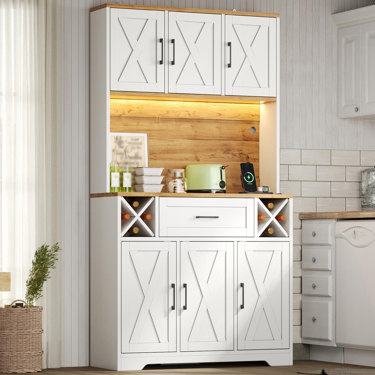 BUFFET DE-38736 105/40/180 cm LED-Beleuchtung und Weinregal Weiß - Weiß, Holzwerkstoff (105/180/40cm) - ComfortXL