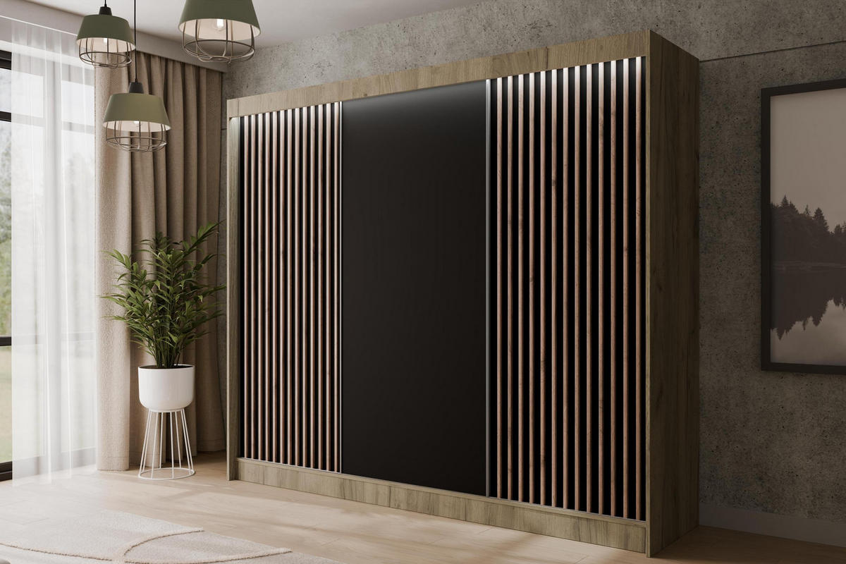 KLEIDERSCHRANK mit LED, Lamel-Schiebetüren VILANv2 - 250 cm Eiche Kraft + Lamelle Eiche Wotan - Hellbraun/Eiche Wotan, Holzwerkstoff (250/215/61cm) - ALTDECOR