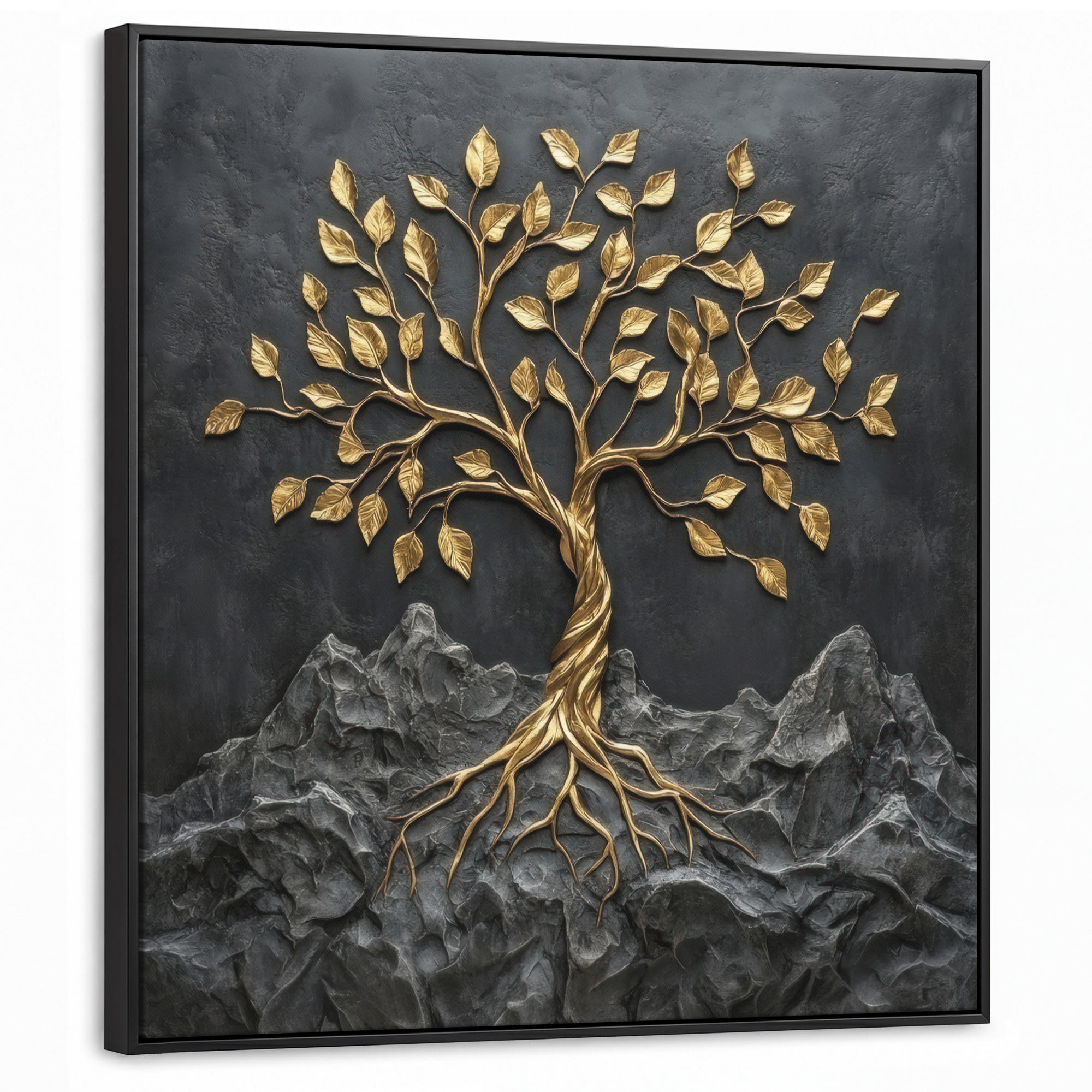 LEINWAND Bilder mit Rahmen - Blätter - Gold - Baum - Fels - 90x90 - Schwarz, Textil (90/90cm) - MuchoWow