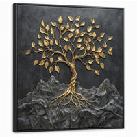 LEINWAND Bilder mit Rahmen - Blätter - Gold - Baum - Fels - 90x90 - Schwarz, Textil (90/90cm) - MuchoWow