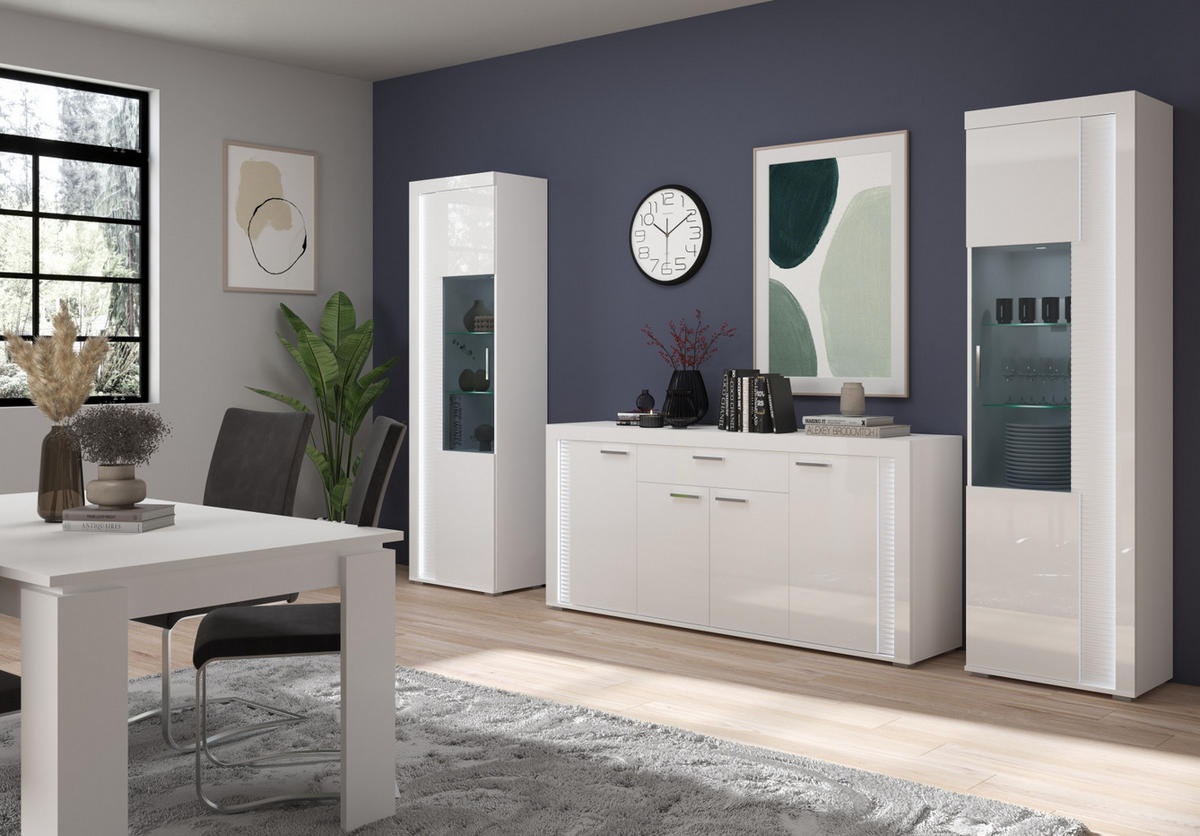 WOHNWAND weiß Hochglanz 330 cm, Soft-Close-Funktion, inkl. Beleuchtung - Weiß Hochglanz/Silberfarben, Glas/Holzwerkstoff (332/202/42cm) - Inn.Furn