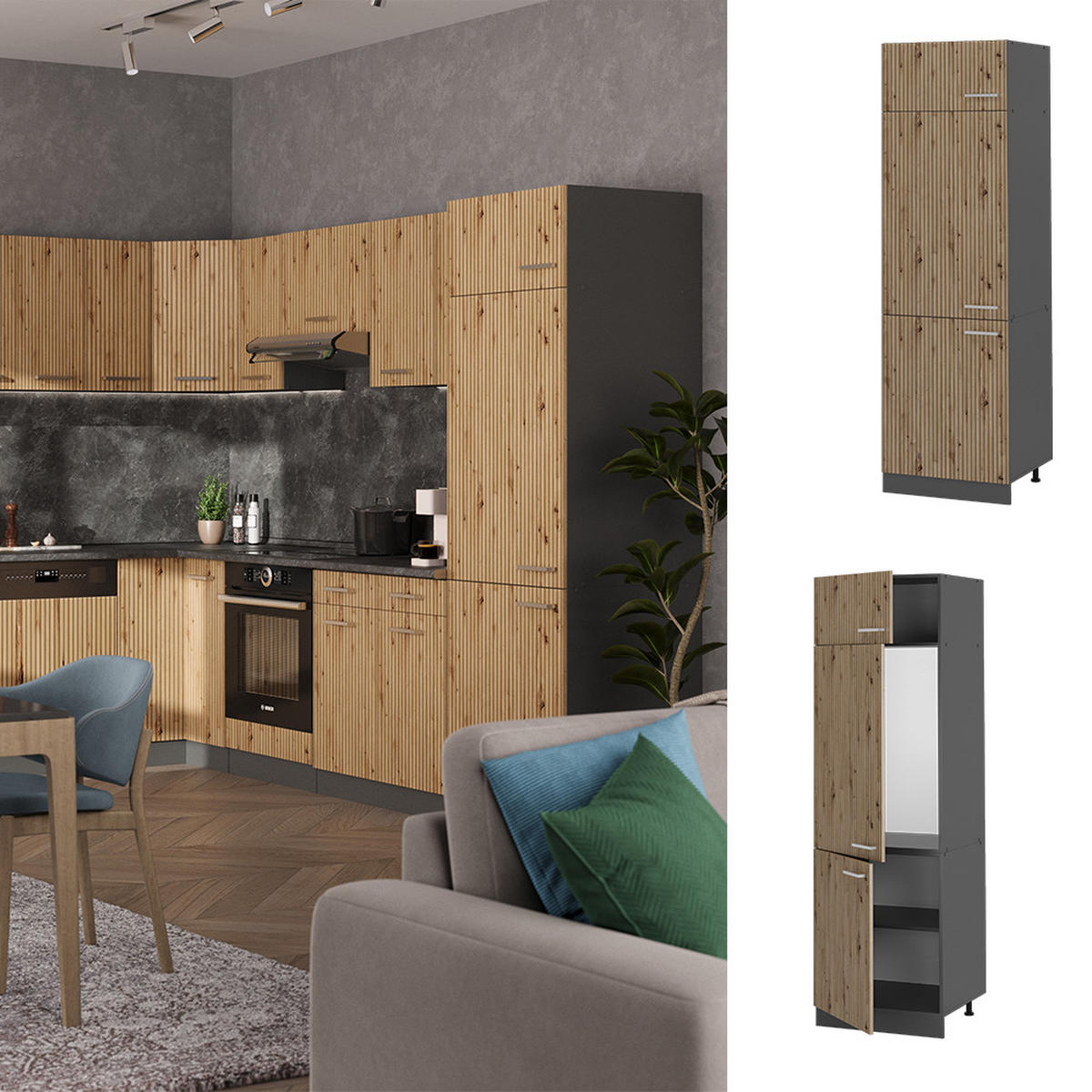 KÜHLUMBAUSCHRANK R-Line Artisan-Eiche 60 cm - Anthrazit/Eiche Artisan, Holzwerkstoff (60/206.8/57.2cm) - Vicco
